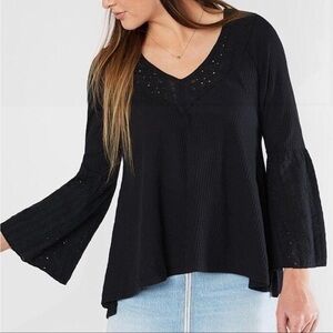 Free People Eyelet Lace Bell Sleeve Thermal Blouse Small Top